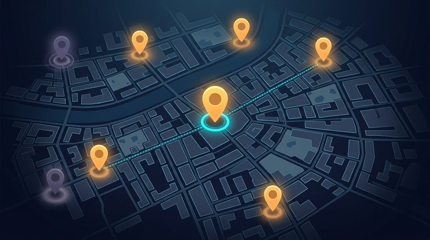 Nocna mapa miasta z pinezkami miejsc, w których można oddać butelki.