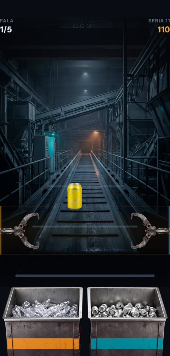 Sorting Hall mid-game: a can rides the belt between two grabbers, with bins for plastic and cans below