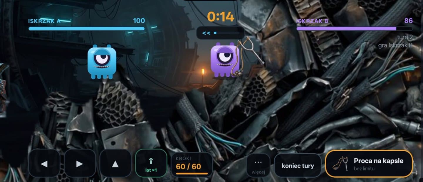 The Launcher mid-duel: a blue and a purple Sparkling on a scrapyard, energy bars 100 and 86, turn timer 0:14, a bottle-cap slingshot